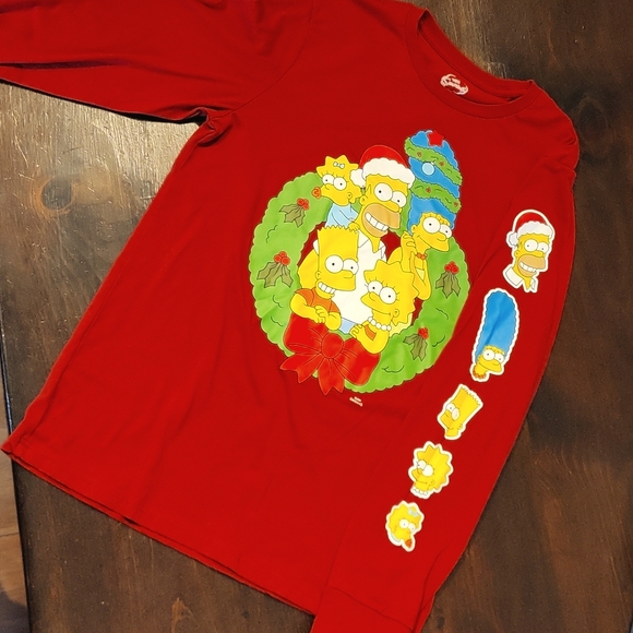 The Simpsons Other - The Simpsons Christmas Men's Long Sleeve Shirt front and sleeve hits Cotton
